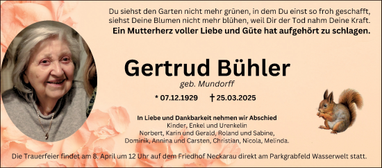 Traueranzeige von Gertrud Bühler von Mannheimer Morgen