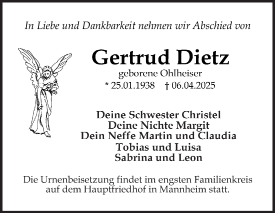 Traueranzeige von Gertrud Dietz von Mannheimer Morgen
