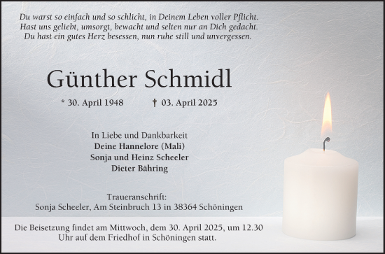 Traueranzeige von Günther Schmidl von Bergsträßer Anzeiger