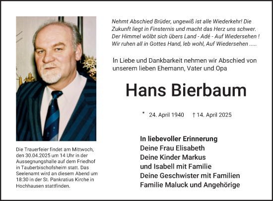 Traueranzeige von Hans Bierbaum von Fränkische Nachrichten