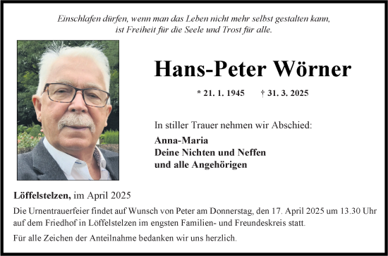 Traueranzeige von Hans-Peter Wörner von Fränkische Nachrichten