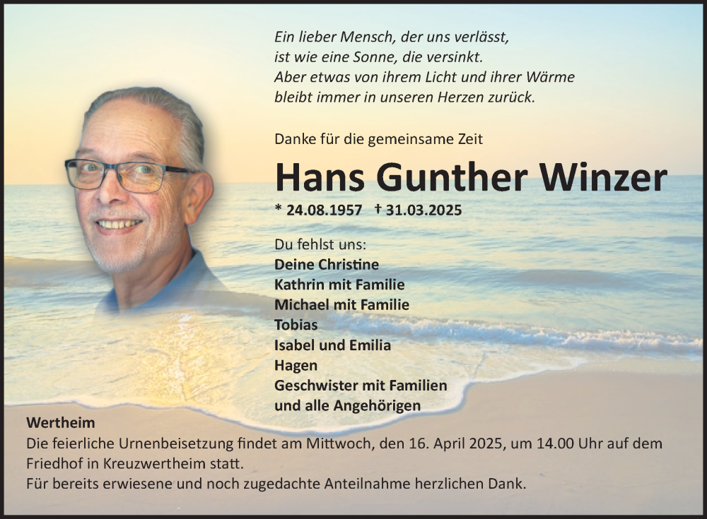  Traueranzeige für Hans Gunther Winzer vom 12.04.2025 aus Fränkische Nachrichten