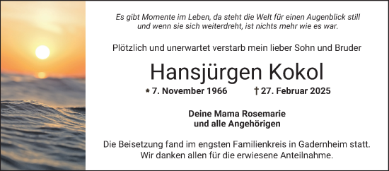 Traueranzeige von Hansjürgen Kokol von Bergsträßer Anzeiger