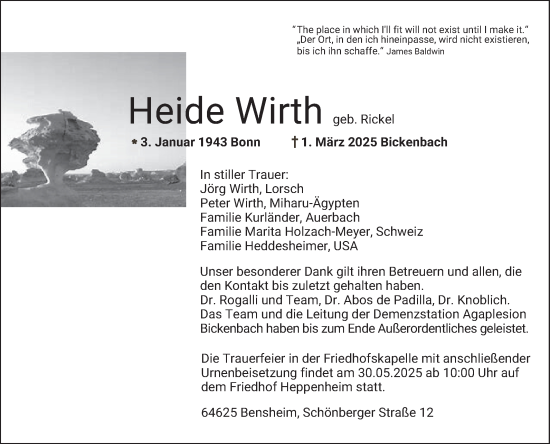 Traueranzeige von Heide Wirth von Bergsträßer Anzeiger