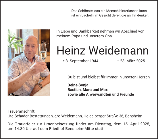 Traueranzeige von Heinz Weidemann von Bergsträßer Anzeiger