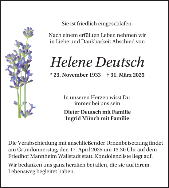 Traueranzeige von Helene Deutsch von Mannheimer Morgen