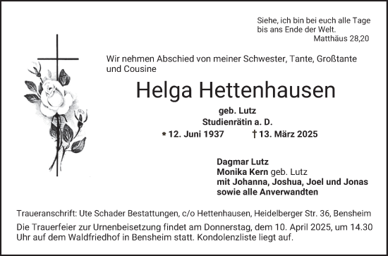 Traueranzeige von Helga Hettenhausen von Bergsträßer Anzeiger