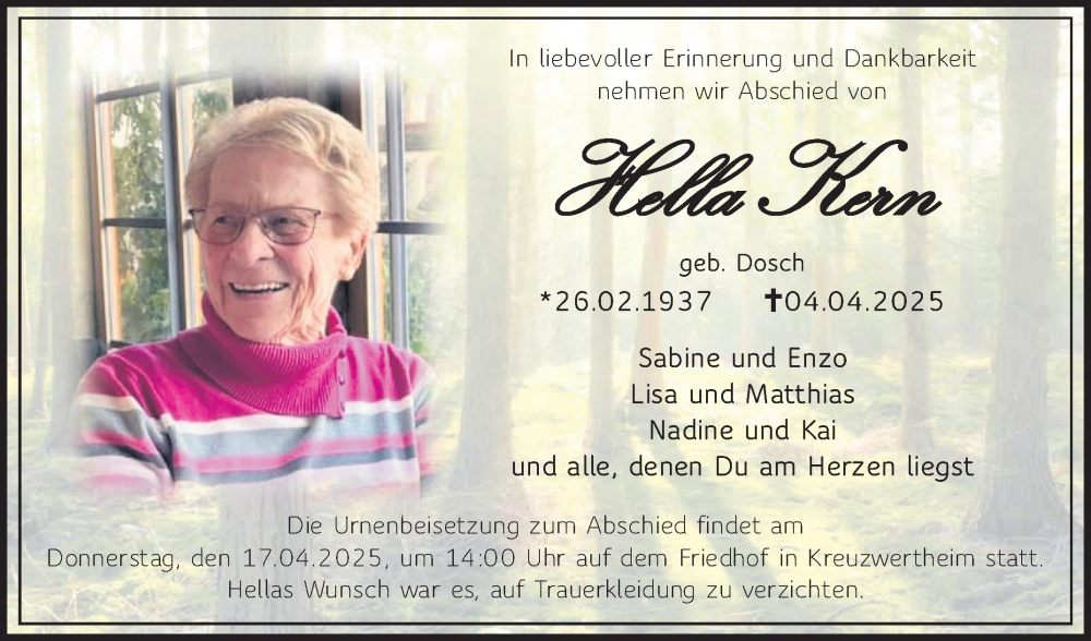  Traueranzeige für Hella Kern vom 12.04.2025 aus Fränkische Nachrichten