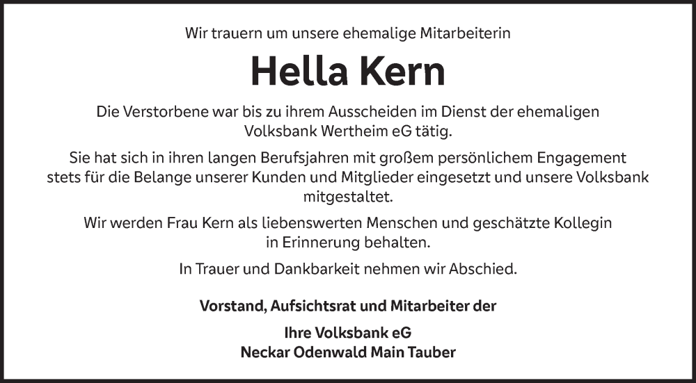  Traueranzeige für Hella Kern vom 12.04.2025 aus Fränkische Nachrichten