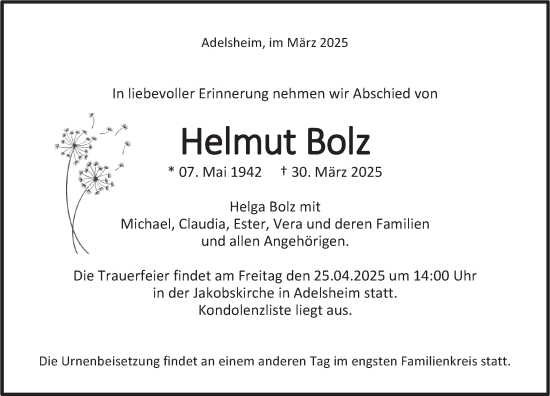Traueranzeige von Helmut Bolz von Fränkische Nachrichten