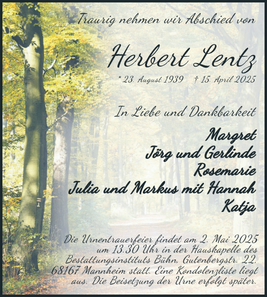 Traueranzeige von Herbert Lentz von Mannheimer Morgen