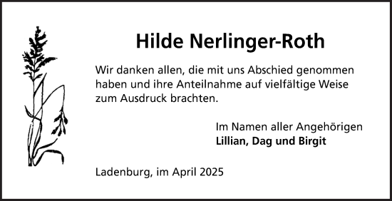 Traueranzeige von Hilde Nerlinger-Roth von Mannheimer Morgen