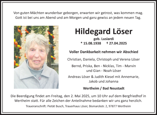 Traueranzeige von Hildegard Löser von Fränkische Nachrichten