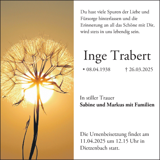 Traueranzeige von Inge Trabert von Bergsträßer Anzeiger