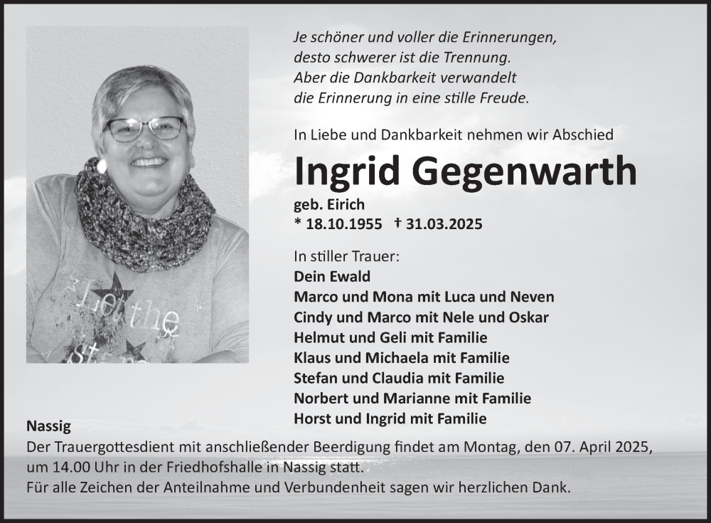  Traueranzeige für Ingrid Gegenwarth vom 03.04.2025 aus Fränkische Nachrichten