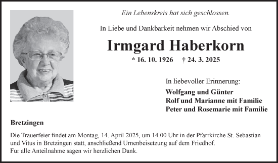 Traueranzeige von Irmgard Haberkorn von Fränkische Nachrichten