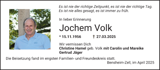 Traueranzeige von Jochem Volk von Bergsträßer Anzeiger