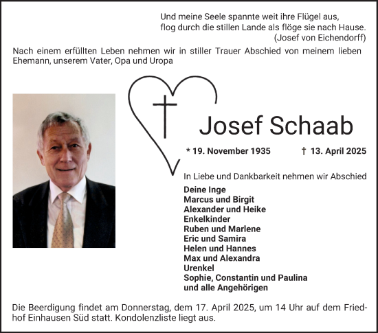 Traueranzeige von Josef Schaab von Bergsträßer Anzeiger