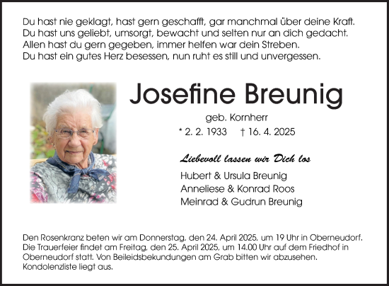 Traueranzeige von Josefine Breunig von Fränkische Nachrichten