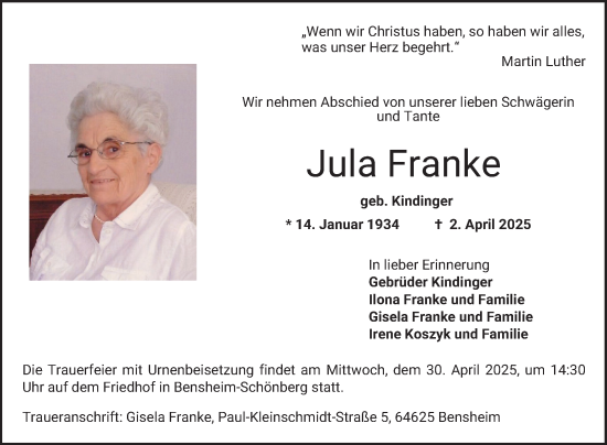 Traueranzeige von Jula Franke von Bergsträßer Anzeiger
