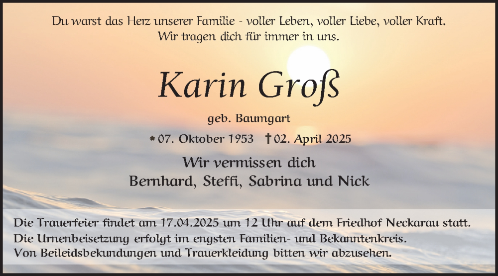  Traueranzeige für Karin Groß vom 12.04.2025 aus Mannheimer Morgen