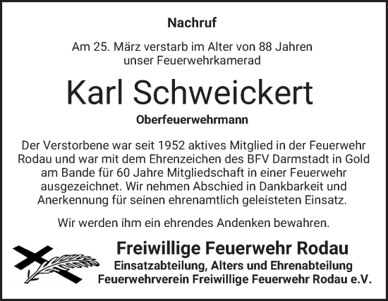 Traueranzeige von Karl Schweickert von Bergsträßer Anzeiger