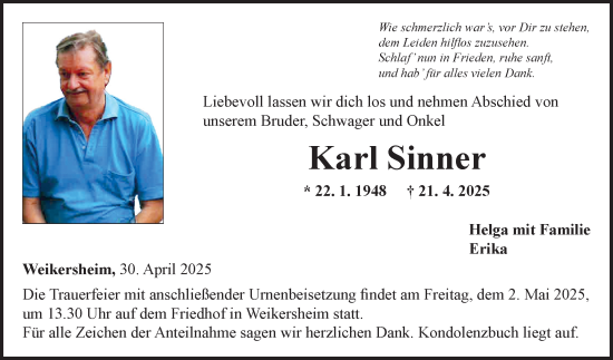 Traueranzeige von Karl Sinner von Fränkische Nachrichten