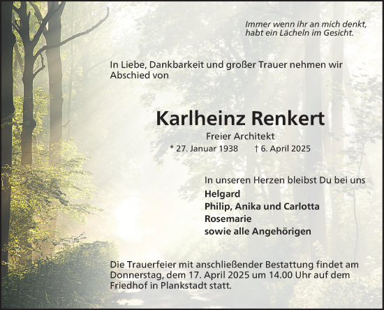 Traueranzeige von Karlheinz Renkert von Schwetzinger Zeitung