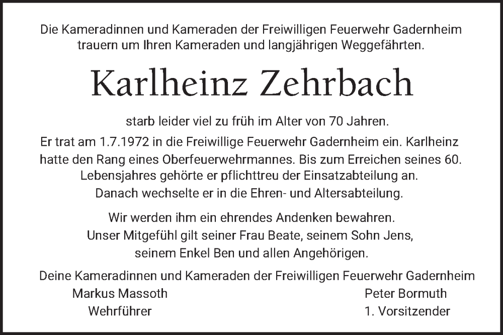  Traueranzeige für Karlheinz Zehrbach vom 30.04.2025 aus Bergsträßer Anzeiger