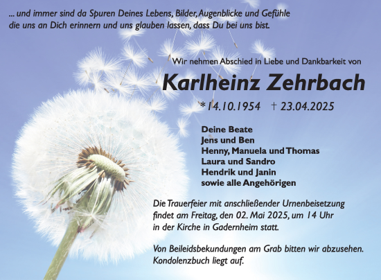 Traueranzeige von Karlheinz Zehrbach von Bergsträßer Anzeiger