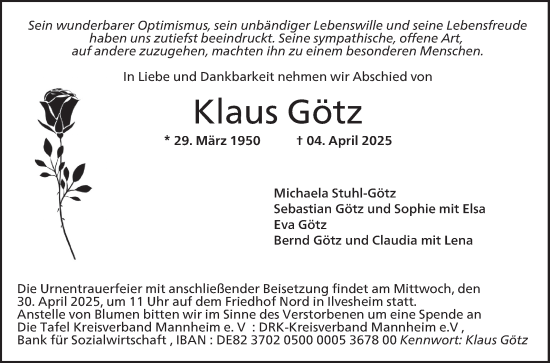 Traueranzeige von Klaus Götz von Mannheimer Morgen