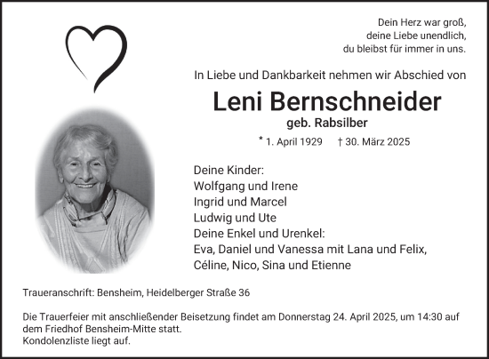Traueranzeige von Leni Bernschneider von Bergsträßer Anzeiger
