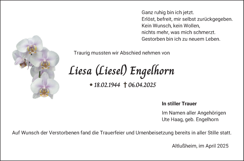  Traueranzeige für Liesa Engelhorn vom 26.04.2025 aus Schwetzinger Zeitung