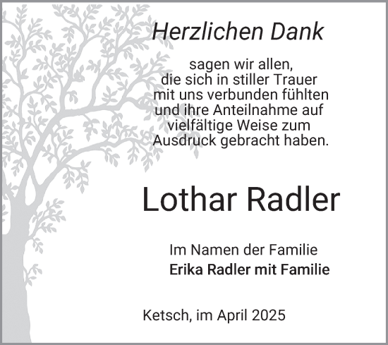 Traueranzeige von Lothar Radler von Schwetzinger Zeitung
