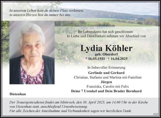 Traueranzeige von Lydia Köhler von Fränkische Nachrichten