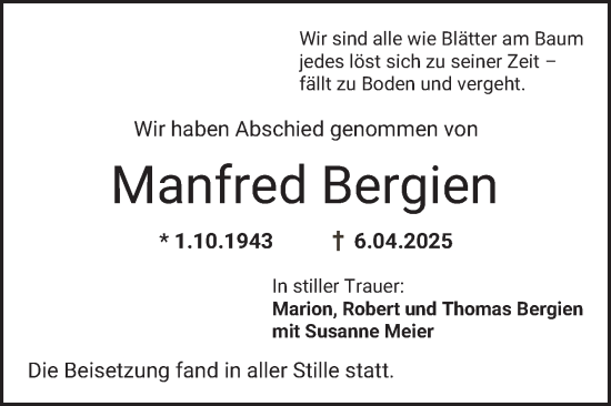 Traueranzeige von Manfred Bergien von Bergsträßer Anzeiger