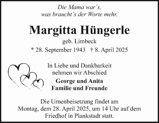 Traueranzeige von Margitta Hüngerle von Schwetzinger Zeitung