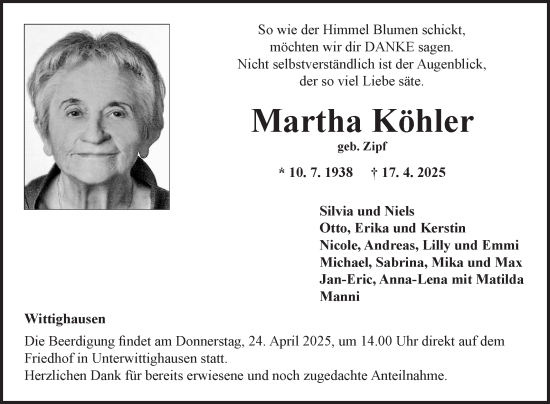 Traueranzeige von Martha Köhler von Fränkische Nachrichten