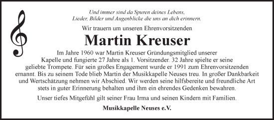 Traueranzeige von Martin Kreuser von Fränkische Nachrichten