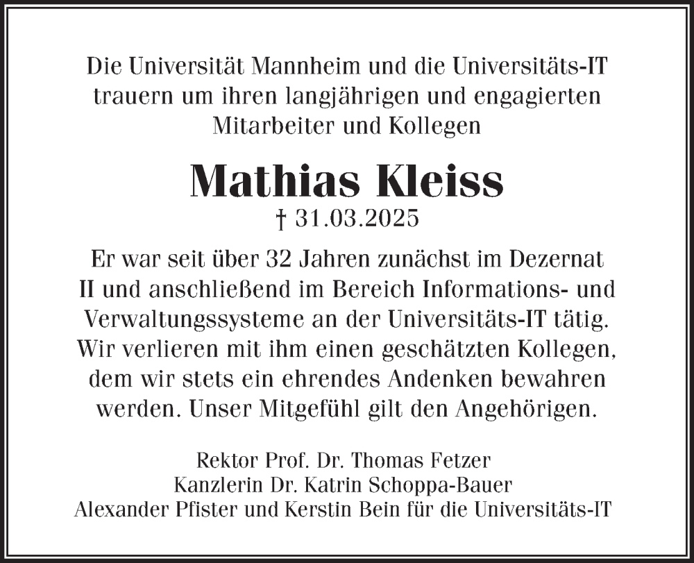  Traueranzeige für Mathias Kleiss vom 16.04.2025 aus Mannheimer Morgen