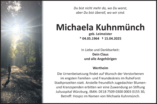 Traueranzeige von Michaela Kuhnmünch von Fränkische Nachrichten