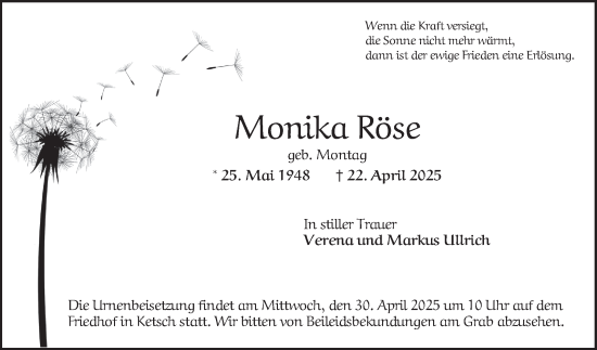 Traueranzeige von Monika Röse von Schwetzinger Zeitung