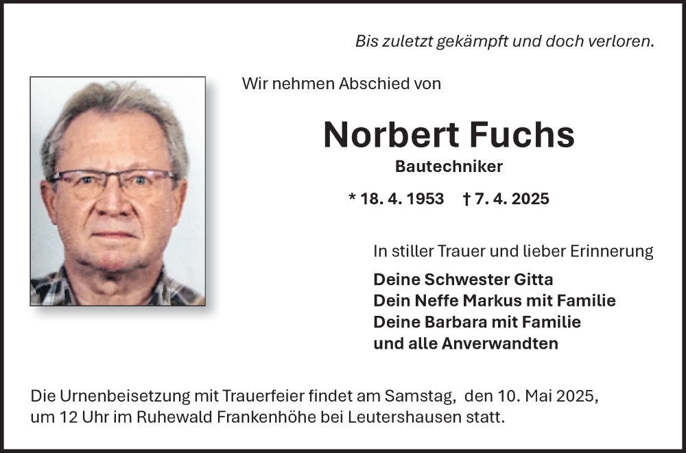  Traueranzeige für Norbert Fuchs vom 26.04.2025 aus Fränkische Nachrichten