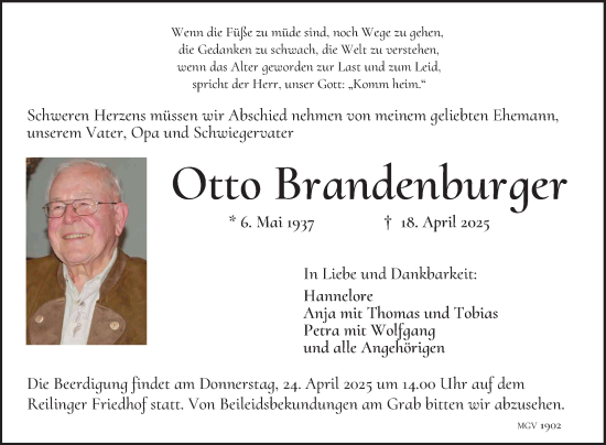 Traueranzeige von Otto Brandenburger von Schwetzinger Zeitung