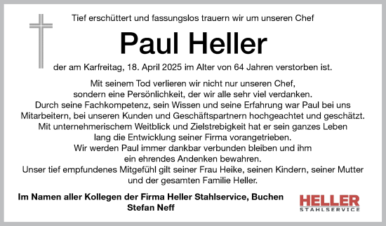 Traueranzeige von Paul Heller von Fränkische Nachrichten