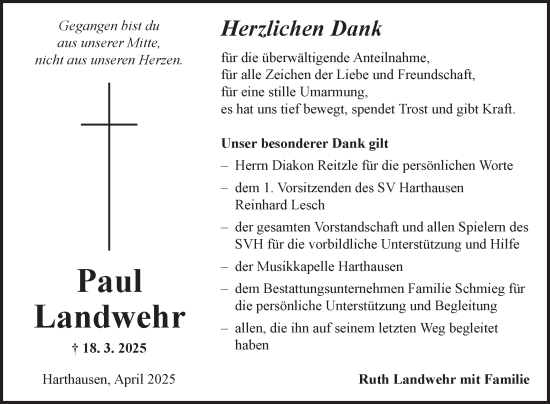 Traueranzeige von Paul Landwehr von Fränkische Nachrichten