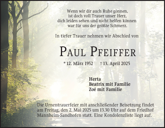 Traueranzeige von Paul Pfeiffer von Mannheimer Morgen