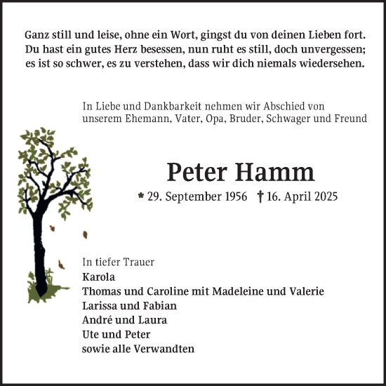 Traueranzeige von Peter Hamm von Bergsträßer Anzeiger