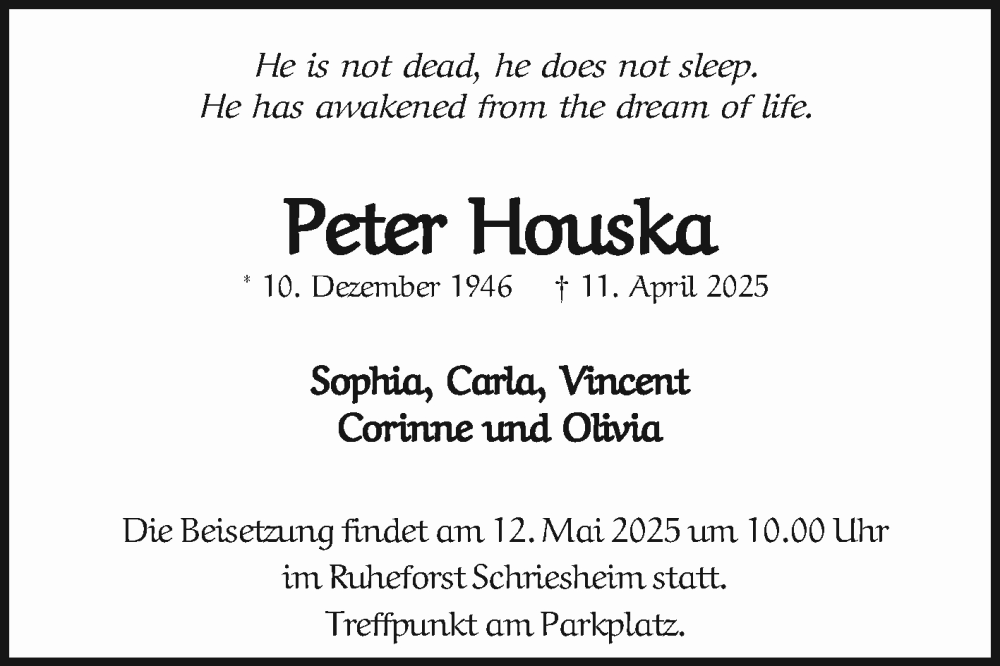  Traueranzeige für Peter Houska vom 26.04.2025 aus Mannheimer Morgen