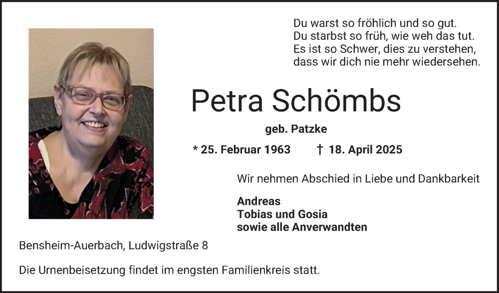  Traueranzeige für Petra Schömbs vom 26.04.2025 aus Bergsträßer Anzeiger